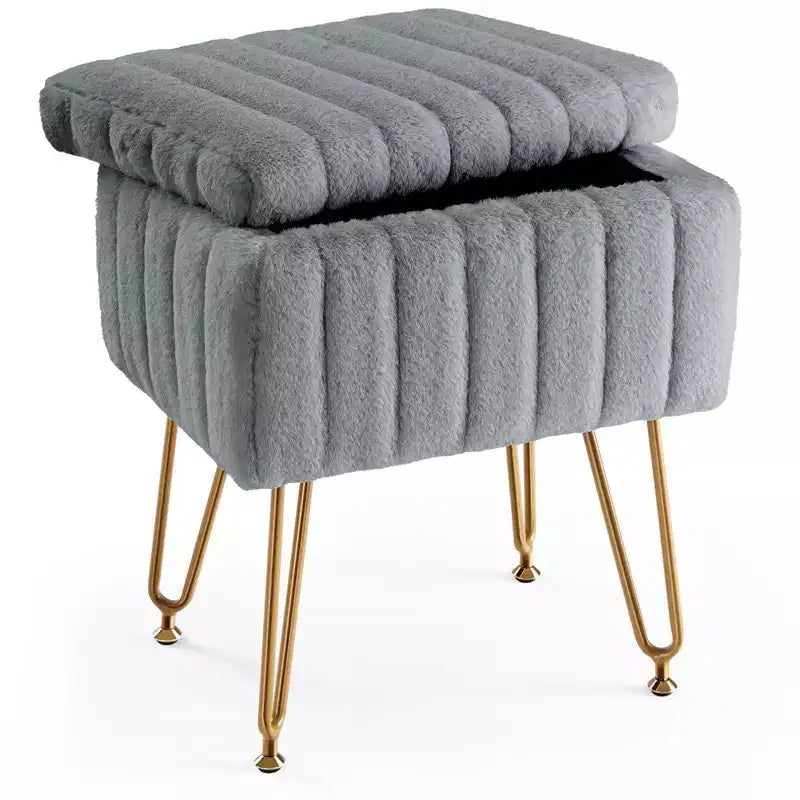 TUYOHW Modern Ottoman with Storage Faux Fur Upholstered Foot Stool with Anti-Slip Metal Legs Rectangle Storage Bench for Living Room, Entryway