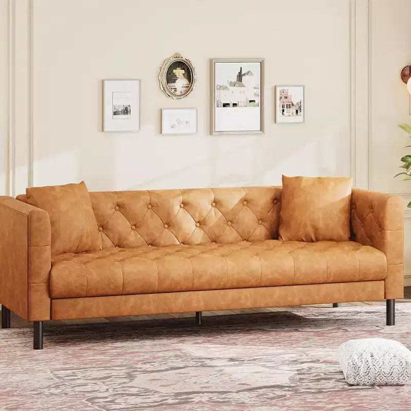Divano in pelle Mid-Century Modern per soggiorno, divano Chesterfield con sedute profonde e 2 cuscini, divano a 3 posti con bottoni trapuntati in pelle