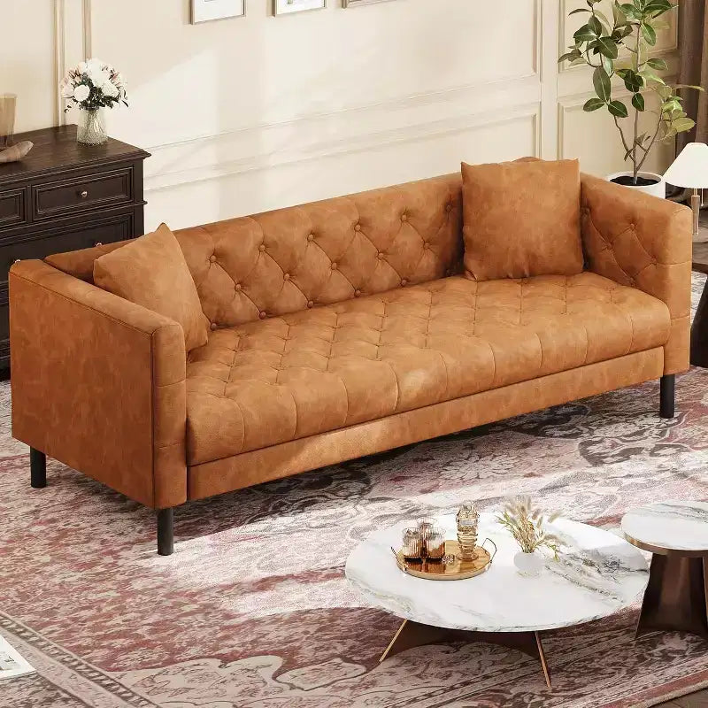Divano in pelle Mid-Century Modern per soggiorno, divano Chesterfield con sedute profonde e 2 cuscini, divano a 3 posti con bottoni trapuntati in pelle
