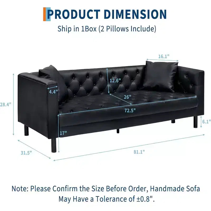 Divano in pelle Mid-Century Modern per soggiorno, divano Chesterfield con sedute profonde e 2 cuscini, divano a 3 posti con bottoni trapuntati in pelle