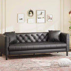 Divano in pelle Mid-Century Modern per soggiorno, divano Chesterfield con sedute profonde e 2 cuscini, divano a 3 posti con bottoni trapuntati in pelle