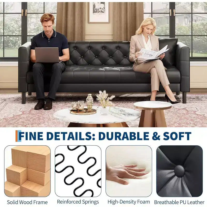 Divano in pelle Mid-Century Modern per soggiorno, divano Chesterfield con sedute profonde e 2 cuscini, divano a 3 posti con bottoni trapuntati in pelle