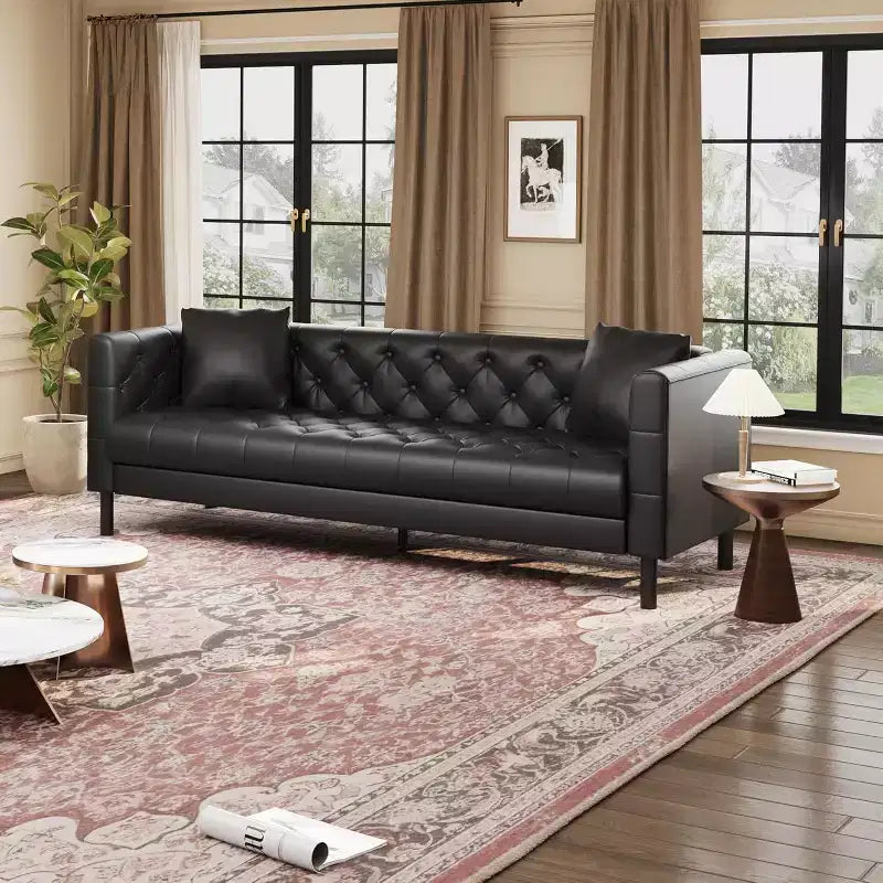 Divano in pelle Mid-Century Modern per soggiorno, divano Chesterfield con sedute profonde e 2 cuscini, divano a 3 posti con bottoni trapuntati in pelle