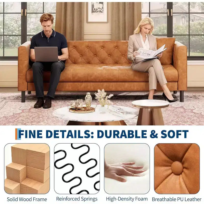 Divano in pelle Mid-Century Modern per soggiorno, divano Chesterfield con sedute profonde e 2 cuscini, divano a 3 posti con bottoni trapuntati in pelle