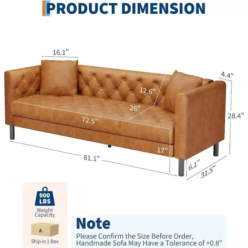 Divano in pelle Mid-Century Modern per soggiorno, divano Chesterfield con sedute profonde e 2 cuscini, divano a 3 posti con bottoni trapuntati in pelle
