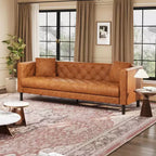 Divano in pelle Mid-Century Modern per soggiorno, divano Chesterfield con sedute profonde e 2 cuscini, divano a 3 posti con bottoni trapuntati in pelle