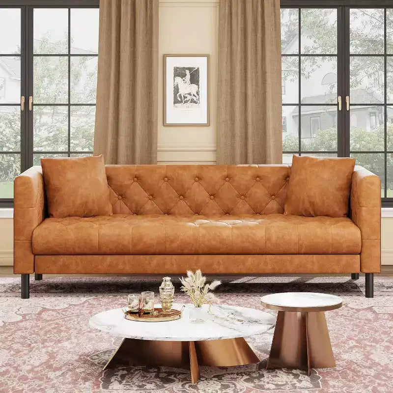 Divano in pelle Mid-Century Modern per soggiorno, divano Chesterfield con sedute profonde e 2 cuscini, divano a 3 posti con bottoni trapuntati in pelle