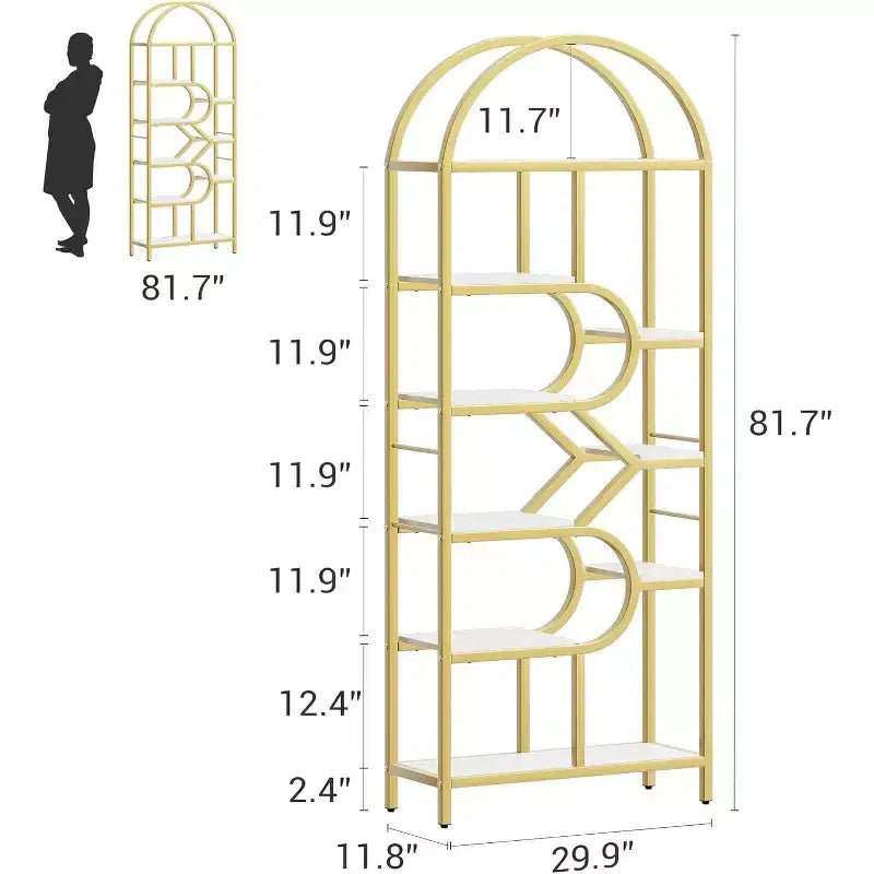 Libreria alta moderna a 6 ripiani con design geometrico ad arco - Scaffale espositivo aperto da 82" per ufficio domestico e organizzazione del soggiorno