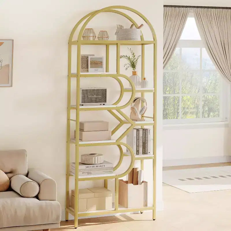 Libreria alta moderna a 6 ripiani con design geometrico ad arco - Scaffale espositivo aperto da 82" per ufficio domestico e organizzazione del soggiorno