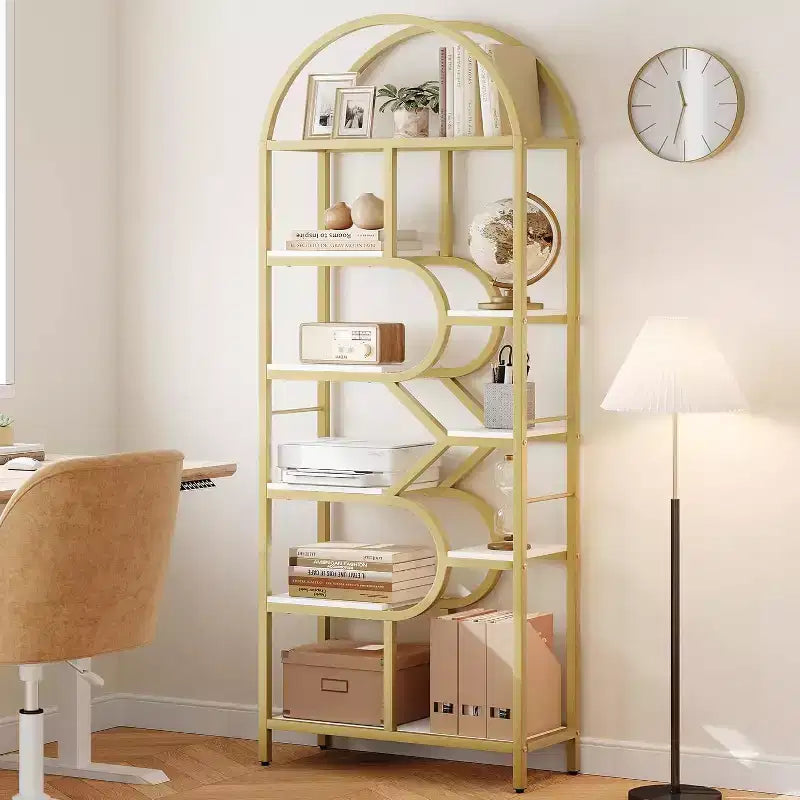 Libreria alta moderna a 6 ripiani con design geometrico ad arco - Scaffale espositivo aperto da 82" per ufficio domestico e organizzazione del soggiorno