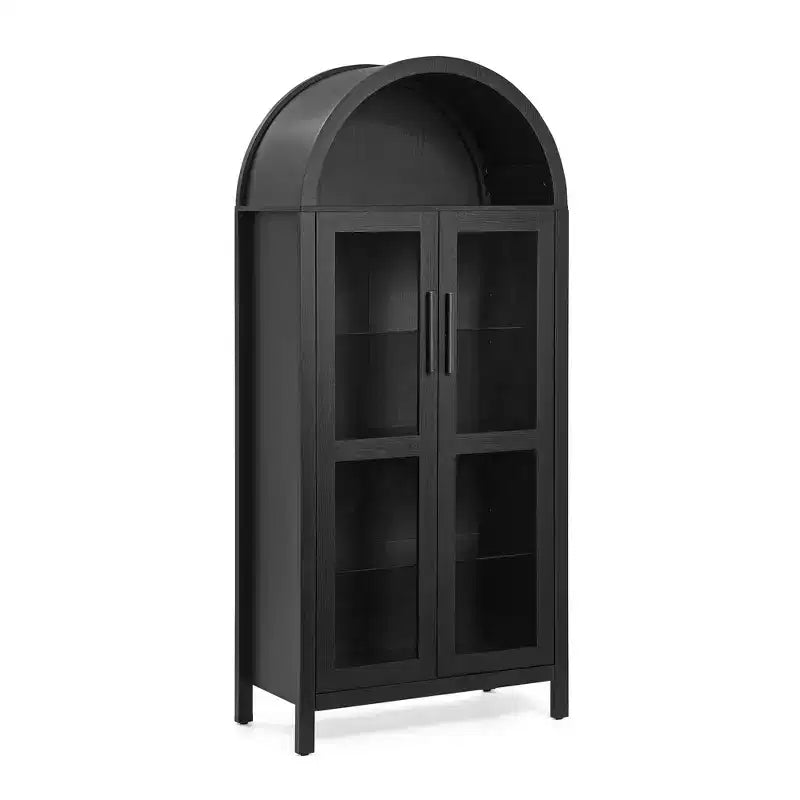 MAYEERTY Armadietto alto ad arco con lampada, Armadietto in legno in stile retrò moderno con divisori in vetro regolabili Nero