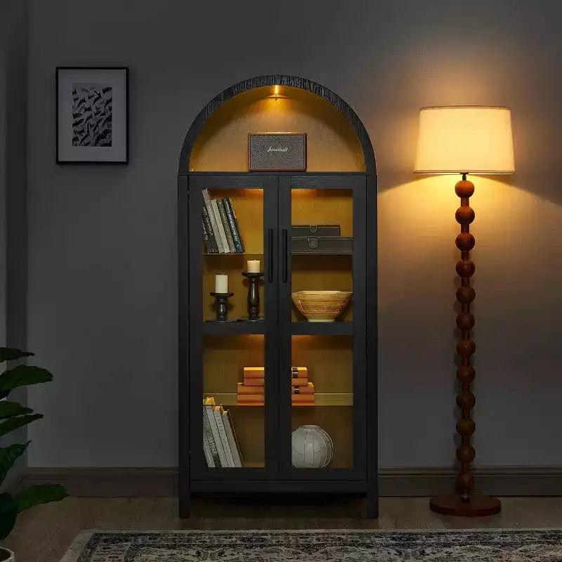 MAYEERTY Armadietto alto ad arco con lampada, Armadietto in legno in stile retrò moderno con divisori in vetro regolabili Nero