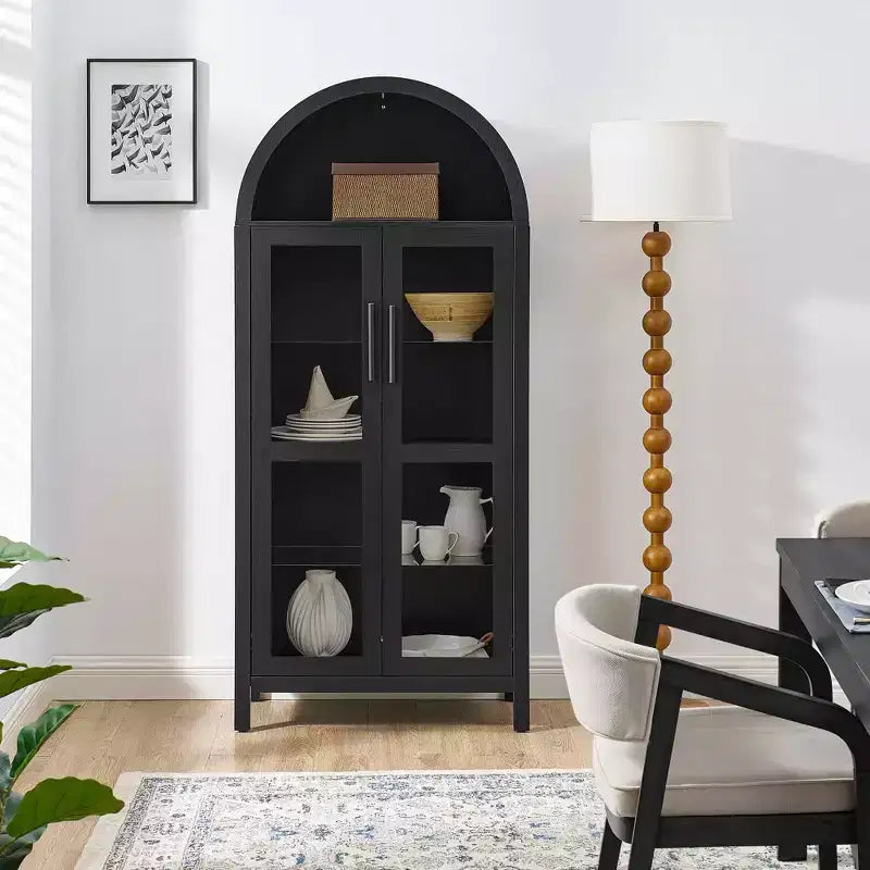 MAYEERTY Armadietto alto ad arco con lampada, Armadietto in legno in stile retrò moderno con divisori in vetro regolabili Nero