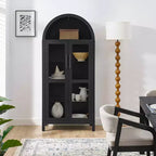 MAYEERTY Armadietto alto ad arco con lampada, Armadietto in legno in stile retrò moderno con divisori in vetro regolabili Nero