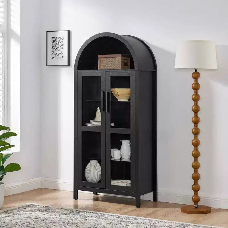 MAYEERTY Armadietto alto ad arco con lampada, Armadietto in legno in stile retrò moderno con divisori in vetro regolabili Nero
