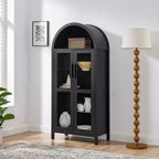 MAYEERTY Armadietto alto ad arco con lampada, Armadietto in legno in stile retrò moderno con divisori in vetro regolabili Nero