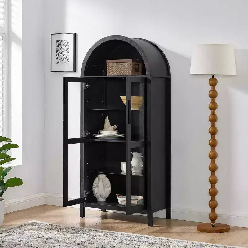MAYEERTY Armadietto alto ad arco con lampada, Armadietto in legno in stile retrò moderno con divisori in vetro regolabili Nero