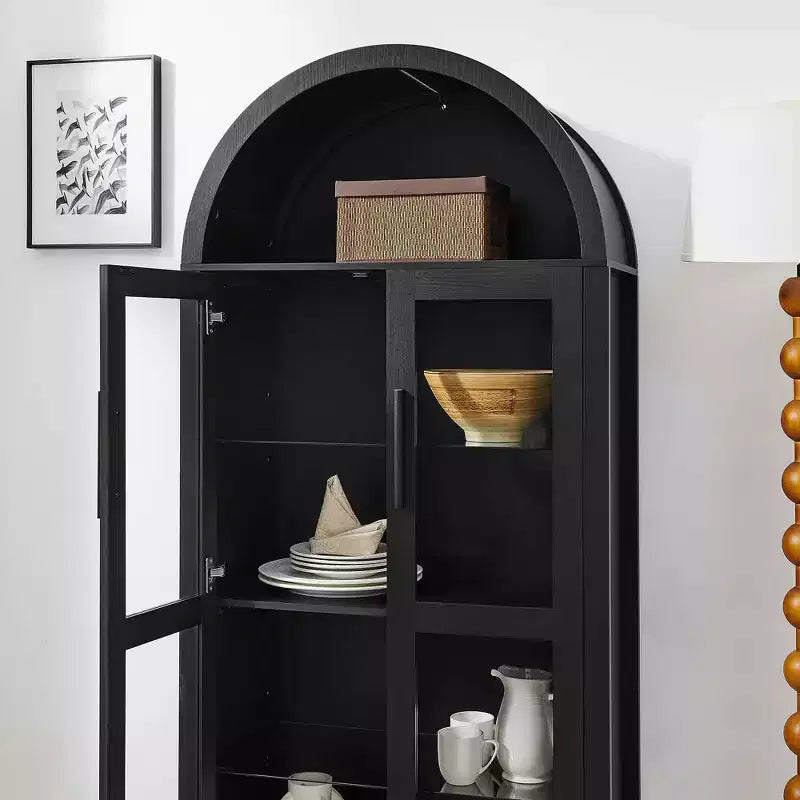 MAYEERTY Armadietto alto ad arco con lampada, Armadietto in legno in stile retrò moderno con divisori in vetro regolabili Nero