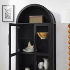 MAYEERTY Armadietto alto ad arco con lampada, Armadietto in legno in stile retrò moderno con divisori in vetro regolabili Nero