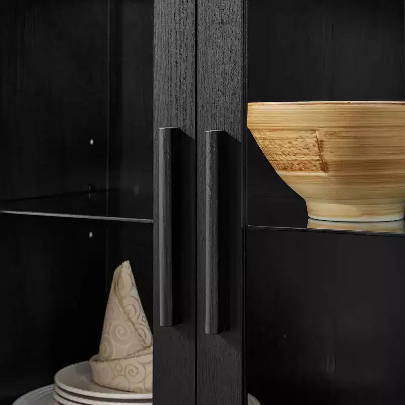 MAYEERTY Armadietto alto ad arco con lampada, Armadietto in legno in stile retrò moderno con divisori in vetro regolabili Nero