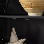 MAYEERTY Armadietto alto ad arco con lampada, Armadietto in legno in stile retrò moderno con divisori in vetro regolabili Nero