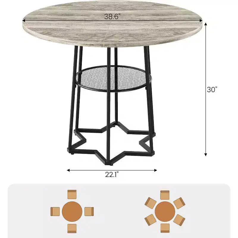 Tavolo da Cucina 38Farmhouse con Base Esagonale in Metallo e Ripiano, Tavolo da Pranzo Rotondo Moderno per 4, Tavolo in Legno per Piccoli Spazi per Cucina, Salotto