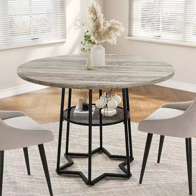 Tavolo da Cucina 38Farmhouse con Base Esagonale in Metallo e Ripiano, Tavolo da Pranzo Rotondo Moderno per 4, Tavolo in Legno per Piccoli Spazi per Cucina, Salotto