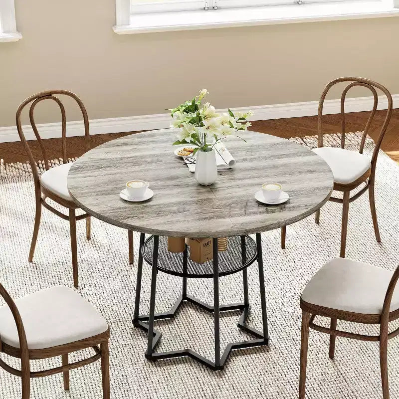 Tavolo da Cucina 38Farmhouse con Base Esagonale in Metallo e Ripiano, Tavolo da Pranzo Rotondo Moderno per 4, Tavolo in Legno per Piccoli Spazi per Cucina, Salotto