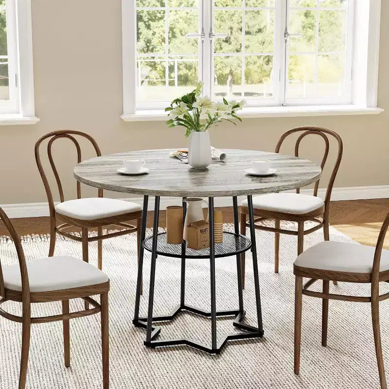 Tavolo da Cucina 38Farmhouse con Base Esagonale in Metallo e Ripiano, Tavolo da Pranzo Rotondo Moderno per 4, Tavolo in Legno per Piccoli Spazi per Cucina, Salotto