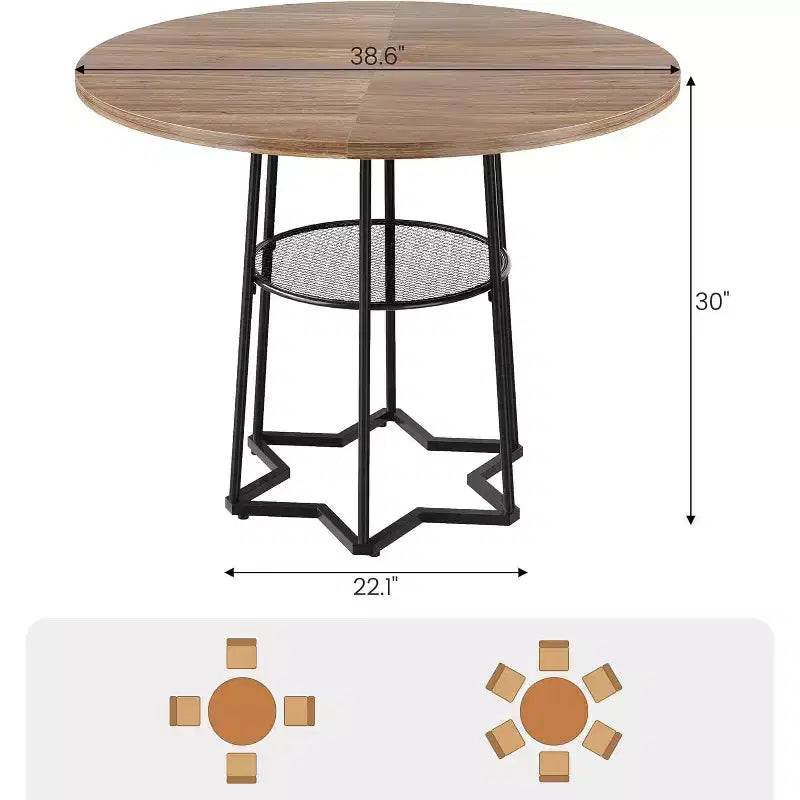 Tavolo da Cucina 38Farmhouse con Base Esagonale in Metallo e Ripiano, Tavolo da Pranzo Rotondo Moderno per 4, Tavolo in Legno per Piccoli Spazi per Cucina, Salotto