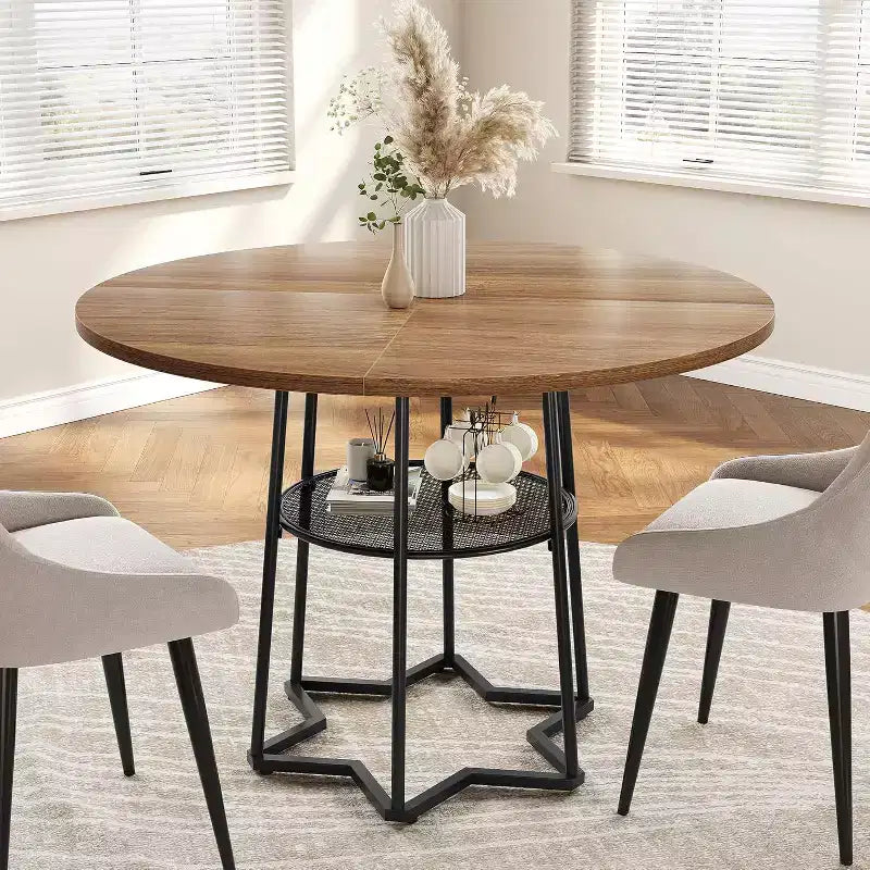 Tavolo da Cucina 38Farmhouse con Base Esagonale in Metallo e Ripiano, Tavolo da Pranzo Rotondo Moderno per 4, Tavolo in Legno per Piccoli Spazi per Cucina, Salotto