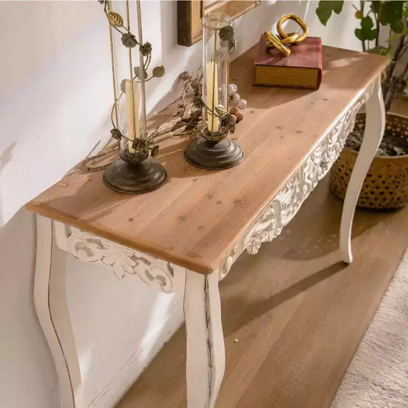 Consolle Antica Bianca Decapata Tavolo d'Ingresso Vintage Tavolino da Divano Stile Francese Tavolo d'Appoggio con Gambe Curve - ModernLuxe