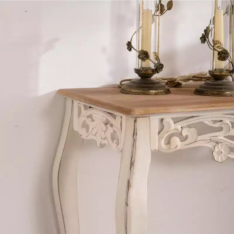 Consolle Antica Bianca Decapata Tavolo d'Ingresso Vintage Tavolino da Divano Stile Francese Tavolo d'Appoggio con Gambe Curve - ModernLuxe