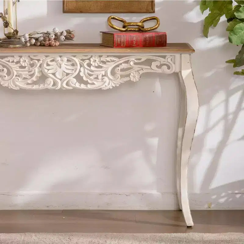 Consolle Antica Bianca Decapata Tavolo d'Ingresso Vintage Tavolino da Divano Stile Francese Tavolo d'Appoggio con Gambe Curve - ModernLuxe
