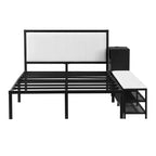 Letto a piattaforma matrimoniale in metallo Luxystar con testiera imbottita, mensole portaoggetti a 2 livelli, mobile contenitore in legno e porte di ricarica USB