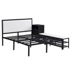 Letto a piattaforma matrimoniale in metallo Luxystar con testiera imbottita, mensole portaoggetti a 2 livelli, mobile contenitore in legno e porte di ricarica USB