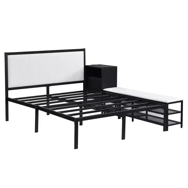 Letto a piattaforma matrimoniale in metallo Luxystar con testiera imbottita, mensole portaoggetti a 2 livelli, mobile contenitore in legno e porte di ricarica USB