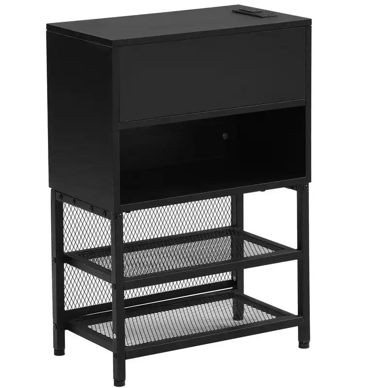 Letto a piattaforma matrimoniale in metallo Luxystar con testiera imbottita, mensole portaoggetti a 2 livelli, mobile contenitore in legno e porte di ricarica USB