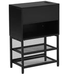Letto a piattaforma matrimoniale in metallo Luxystar con testiera imbottita, mensole portaoggetti a 2 livelli, mobile contenitore in legno e porte di ricarica USB
