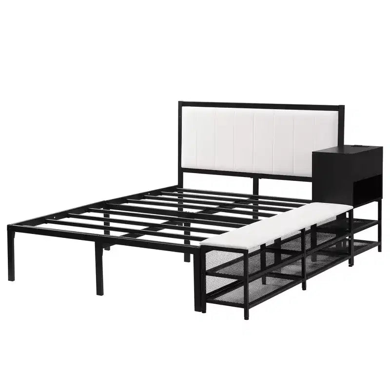 Letto a piattaforma matrimoniale in metallo Luxystar con testiera imbottita, mensole portaoggetti a 2 livelli, mobile contenitore in legno e porte di ricarica USB