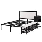 Letto a piattaforma matrimoniale in metallo Luxystar con testiera imbottita, mensole portaoggetti a 2 livelli, mobile contenitore in legno e porte di ricarica USB