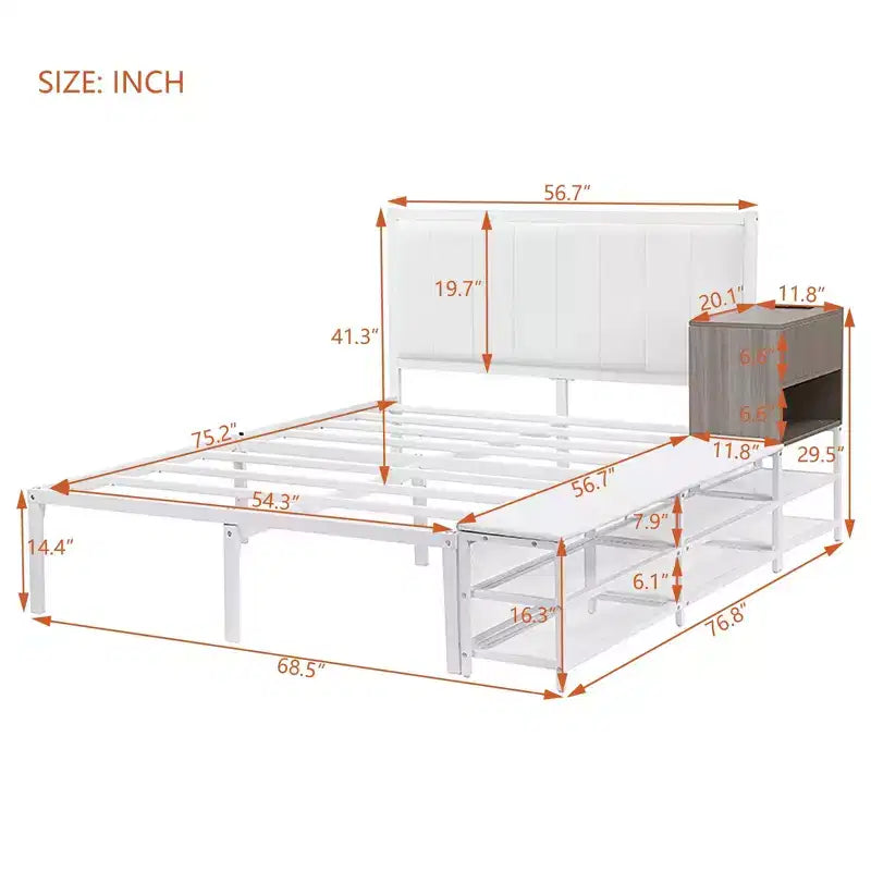 Letto a piattaforma matrimoniale in metallo Luxystar con testiera imbottita, mensole portaoggetti a 2 livelli, mobile contenitore in legno e porte di ricarica USB