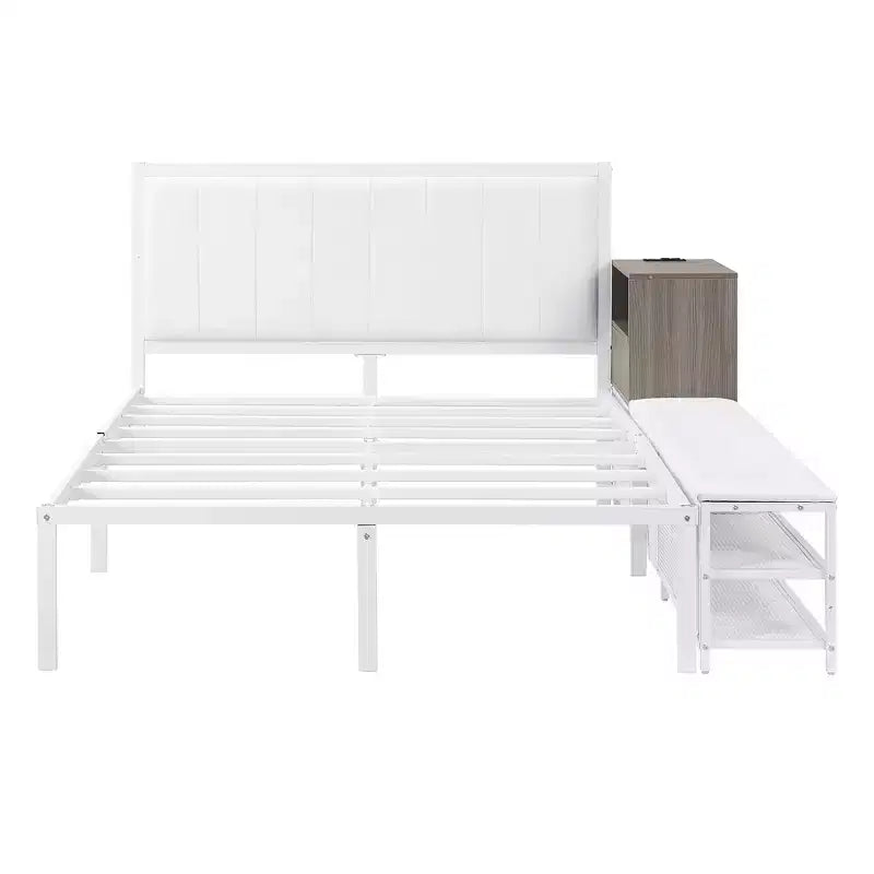Letto a piattaforma matrimoniale in metallo Luxystar con testiera imbottita, mensole portaoggetti a 2 livelli, mobile contenitore in legno e porte di ricarica USB
