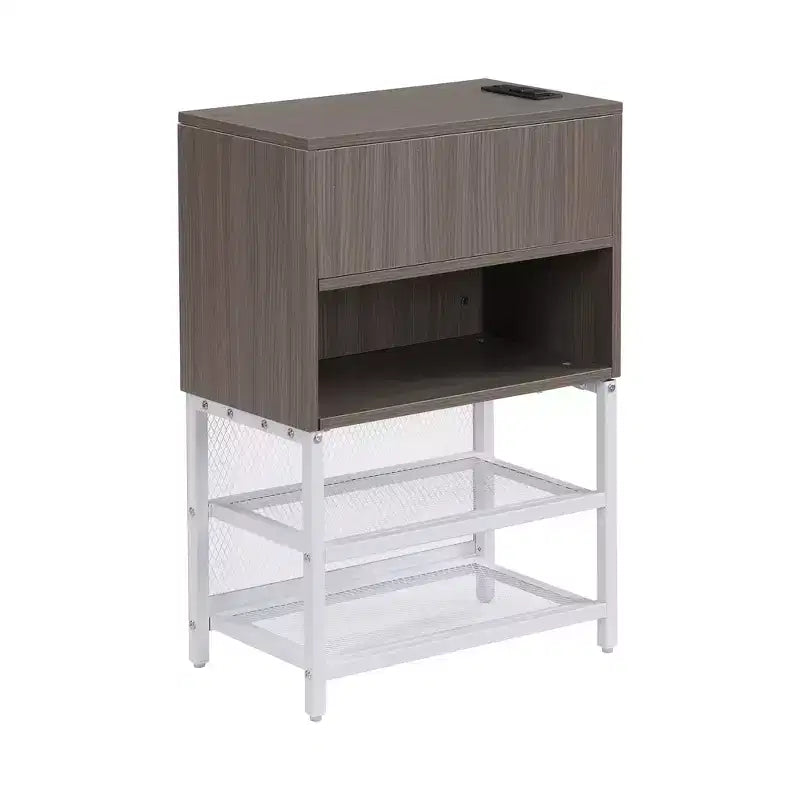 Letto a piattaforma matrimoniale in metallo Luxystar con testiera imbottita, mensole portaoggetti a 2 livelli, mobile contenitore in legno e porte di ricarica USB