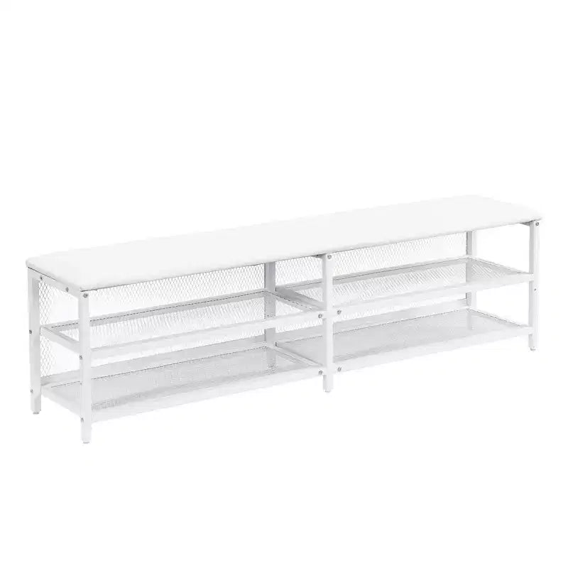 Letto a piattaforma matrimoniale in metallo Luxystar con testiera imbottita, mensole portaoggetti a 2 livelli, mobile contenitore in legno e porte di ricarica USB