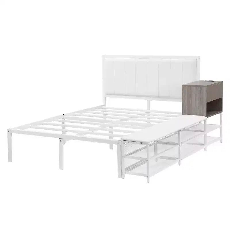 Letto a piattaforma matrimoniale in metallo Luxystar con testiera imbottita, mensole portaoggetti a 2 livelli, mobile contenitore in legno e porte di ricarica USB