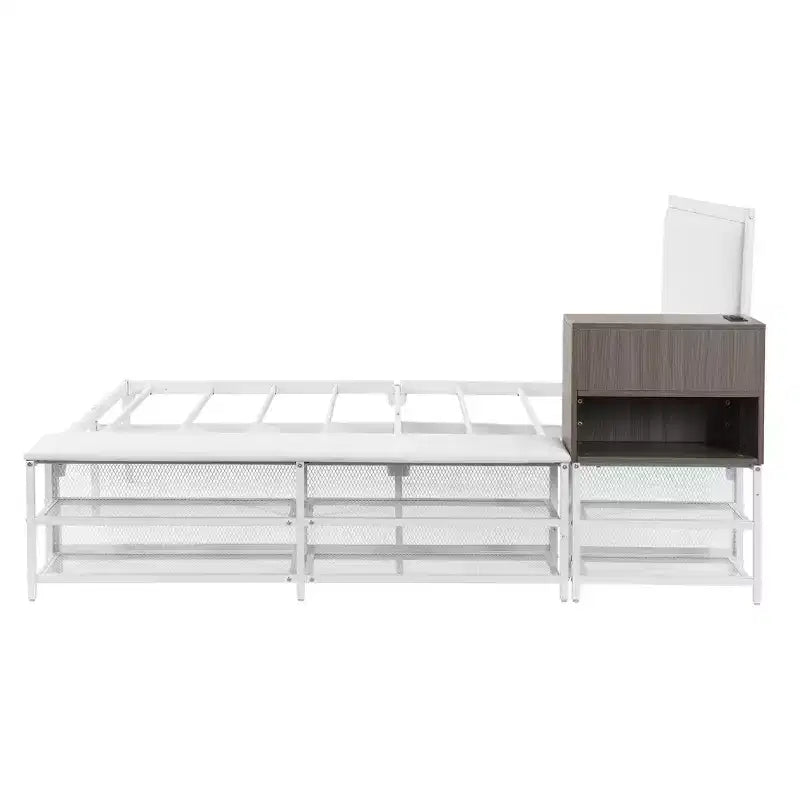 Letto a piattaforma matrimoniale in metallo Luxystar con testiera imbottita, mensole portaoggetti a 2 livelli, mobile contenitore in legno e porte di ricarica USB