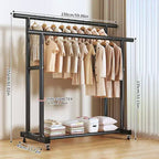 AEELLEEA Heavy Duty Rolling Double-Tier Clothes Rack - Double Hanging Rails & Bottom Storage Shelf for Home Organizing