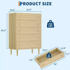 COZONY Cassettiera 44 stile rustico con 5 cassetti, in legno naturale con maniglie a barra per camera da letto e soggiorno
