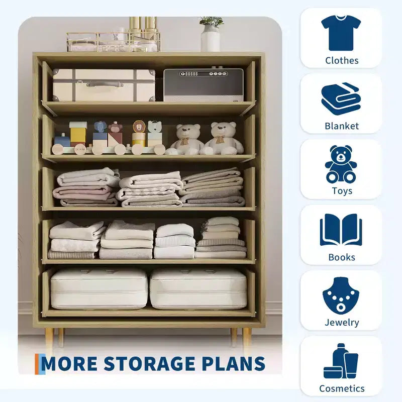 COZONY Cassettiera 44 stile rustico con 5 cassetti, in legno naturale con maniglie a barra per camera da letto e soggiorno